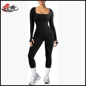 Long Sleeve Jumpsuit with Built-In Bra, Square Neck, Bodycon Stretch